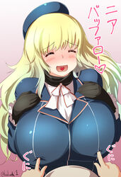  :d atago_(kancolle) beret black_gloves blonde_hair blush breast_poke breasts commentary_request female frilled_sleeves frills full-face_blush gloves hat heart heart_in_mouth highres huge_breasts kakudai_(hujikolp) kantai_collection long_hair long_sleeves meme military military_uniform nipple_guessing_game_(meme) open_mouth poking smile solo_focus translation_request twitter_username uniform 