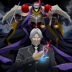  2boys ainz_ooal_gown balance_scale black_shirt black_suit blue_eyes bread breast_pocket closed_mouth collared_shirt commentary_request facial_hair fire flaming_eyes food formal grey_hair grey_jacket holding holding_scale holding_sword holding_weapon jacket jewelry k-ta lich looking_at_viewer moustache multiple_boys necktie necromancer old old_man overlord_(maruyama) photoshop_(medium) pocket red_eyes ring sebas_tian shirt skeleton suit sword weapon weighing_scale white_necktie wing_collar 