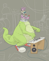  absurd_res big_feet big_shoes body_control clothed clothing clown_shoes dinosaur domestic_ferret extinct feet fur hi_res keyboard machine mammal mech_suit multifur mustelid musteline pink_body pink_fur prehistoric_species reptile robot scalie solo speaker tannerin true_musteline weasel 