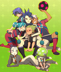  2girls 5boys black_hair black_sclera blue_hair blush cheek_pinching colored_sclera commentary_request dark_skin dogdogdog epsilon_(inazuma_eleven) gemini_storm green_hair grin hair_ornament inazuma_eleven inazuma_eleven_(series) kinki_nozomi midorikawa_ryuuji multiple_boys multiple_girls mutou_satoshi oerba_yun_fang omotsuki_sora one_eye_closed orange_eyes pinching pointy_ears saginuma_osamu segata_ryuuichirou smile soccer_uniform sportswear sumeragi_maki sweat twintails white_hair wince 