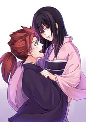  1boy carrying commentary_request couple female green_eyes hug ichimura_tetsunosuke japanese_clothes kimono long_hair obi peace_maker_kurogane photoshop_(medium) purple_eyes purple_hair sash saya_(peace_maker_kurogane) scar straight yonakaforever 