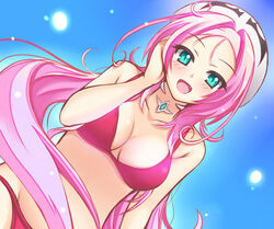  aqua_eyes bikini blush breasts commentary_request dra+koi female hat heroine_(dra+koi) large_breasts long_hair looking_at_viewer oerba_yun_fang open_mouth pink_hair red_bikini slit_pupils smile solo swimsuit very_long_hair violetshit 