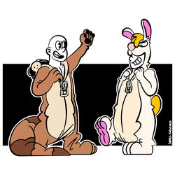  1:1 2018 3_toes 4_fingers absurd_res apollophoenix black_nose blonde_hair brown_body brown_fur bunny_costume clothed clothing costume digital_drawing_(artwork) digital_media_(artwork) duo feet fingers fur fursuit hair harvey_(james_newland) hi_res human james_newland male mammal not_furry not_furry_wearing_fursuit open_mouth otter_costume paws pink_nose raccoon_costume smile standing teeth toes white_body white_fur zipper 