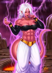  abs android_21 aura biceps black_sclera bracelet breasts dragon_ball dragon_ball_fighterz earrings ero-chong fangs female female hoop_earrings lavender_hair long_hair looking_at_viewer majin_(race) majin_android_21 monster_girl muscle muscular_female nail_polish navel pants pink_skin pointy_ears red_eyes smile solo tail teeth tongue veins white_hair 