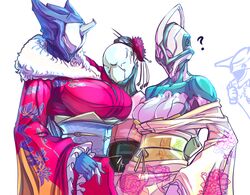  1boy 3girls bodysuit breasts commentary_request fur_trim helmet japanese_clothes large_breasts loki_(warframe) multiple_girls nova_(warframe) nyx_(warframe) partial_commentary propellercube saryn_(warframe) thumbs_up warframe 