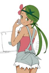  ass bare_arms bare_shoulders blush bow bowl closed_mouth commentary_request cowboy_shot cutoffs female flower green_eyes green_hair grey_bow hair_flower hair_ornament headband holding holding_bowl jar ladle long_hair looking_at_viewer looking_back low_twintails mallow_(pokemon) ninchan overalls partially_colored pink_shirt pokemon pokemon_sm shirt simple_background smile solo standing swept_bangs tareme twintails white_background 