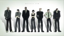  6+boys armor black_hair bodysuit boots cane crossed_arms dark_skin formal ghost_in_the_shell_lineup glasses hannibal_chau hermann_gottlieb jacket legendary_pictures lineup mako_mori mori_mako multiple_boys necktie newton_geiszler newton_gelszler pacific_rim raleigh_becket stacker_pentecost suit suspenders tendo_choi 