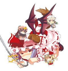  4girls all_fours animal_ears bat_wings blush bondage bondage bound chains chibi collar commentary_request dog_ears dog_tail flandre_scarlet hat izayoi_sakuya kemonomimi_mode leash maid_headdress multiple_girls one_eye_closed ooide_chousuke patchouli_knowledge photoshop_(medium) purple_hair red_eyes remilia_scarlet short_hair slave tail tears touhou wings wrist_cuffs 