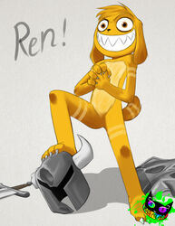  5_fingers 5_toes anthro armor brown_eyes canid canine canis claws domestic_dog eyebrows feet fingers fur grin headgear helmet male mammal melee_weapon orange_body orange_fur pose raised_eyebrow ren_(disambiguation) shield silent-sid_1992 simple_background smile solo sword toes watermark weapon 