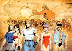  2girls 3boys 90s andy_bogard armor army bandana bare_shoulders battle belt bikini blonde_hair breasts brothers cleavage couple denim earings earrings exploring fatal_fury fingerless_gloves gloves headband helmet horse illustration jeans jersey jewelry joe_higashi king_of_fighters kof long_hair mars medal medallion mori_toshiaki multiple_boys multiple_girls muscle muscles mythology navel neo_geo official_art painting pants pendant polearm ponytail pteruges purple_hair red_bikini shiranui_mai shirt siblings snk spear sulia_gaudeamus swimsuit terry_bogard warrior watch weapon 