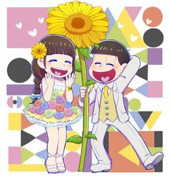  arm_behind_head bangs blunt_bangs bowl_cut braid brown_hair closed_eyes dress female flower hair_flower hair_ornament heart heart_in_mouth juushimatsu&#039;s_girlfriend matsuno_juushimatsu osomatsu-kun osomatsu-san protected_link riko_(sorube) sandals six_shame_faces smile sunflower tuxedo wristband 