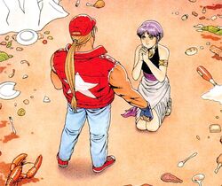  1boy 90s bare_shoulders blonde_hair bracelet cap crawfish denim fatal_fury female food jacket jeans jewelry mori_toshiaki muscle neo_geo official_art pants purple_hair snk star sulia_gaudeamus terry_bogard 