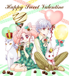  1boy arched_crown argyle balloon bishoujo_senshi_sailor_moon bishoujo_senshi_sailor_moon_supers bishounen boots bow brown_bow brown_pants chibi_usa chocolate commentary_request cone_hair_bun crossed_ankles crown double_bun female gold_crown green_bow green_footwear green_skirt hair_bun hair_ornament hairbow happy_valentine heart heart_balloon heart_hair_ornament helios_(sailor_moon) horse indian_style knee_boots knees_up matching_outfits pants pegasus_(sailor_moon) pink_hair plaid plaid_pants plaid_skirt pointed_crown polka_dot polka_dot_bow red_crown red_eyes sarashina_kau short_hair side-by-side sitting skirt smile stuffed_animal stuffed_horse stuffed_rabbit stuffed_toy sweater_vest twintails valentine wariza white_bow white_hair yellow_eyes 