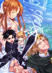  2boys 2girls asuna_(sao) bare_shoulders black_iron_great_sword blue_sky cloud cloudy_sky commentary_request day ear_covers elf giant_tree hair_between_eyes highres holding holding_sword holding_weapon kirito kirito_(sao-alo) landscape leafa multiple_boys multiple_girls oberon_(sao) outdoors pointy_ears shiakoto sky sword sword_art_online titania_(sao) tree weapon yggdrasil_(sao) 