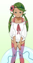  alternate_costume bangle bare_shoulders blush bracelet closed_mouth collarbone commentary_request dress female flower frilled_dress frills gradient_background green_background green_eyes green_hair hair_flower hair_ornament headband highres innertube jewelry legs_apart long_sleeves looking_at_viewer low_twintails mallow_(pokemon) ninchan pink_ribbon pink_thighhighs pokemon pokemon_sm puffy_long_sleeves puffy_sleeves ribbon shirt smile solo standing swept_bangs swim_ring thighhighs transparent twintails white_dress white_shirt zettai_ryouiki 