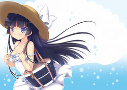  bag bag_charm bare_shoulders bead_bracelet beads black_hair blue_bow blunt_bangs blush bow bracelet breasts brown_hat character_charm character_doll charm_(object) cleavage closed_mouth clothes_pull collarbone commentary_request cowboy_shot dress dress_pull female floating_hair from_side gokou_ruri hat hat_bow hime_cut holding_strap jewelry lace lace-trimmed_dress lace_trim long_hair looking_at_viewer mole mole_under_eye ore_no_imouto_ga_konna_ni_kawaii_wake_ga_nai purple_eyes shoulder_bag sidelocks sleeveless sleeveless_dress small_breasts straight_hair strap_gap strap_slip sun_hat tougo very_long_hair wavy_mouth white_bow white_dress 