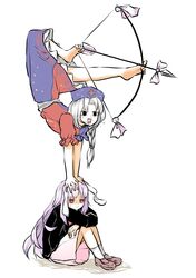  &lt;o&gt;_&lt;o&gt; 2girls absurdres animal_ears archery arrow_(projectile) balancing_on_head barefoot between_toes blazer bow_(weapon) braid brown_footwear closed_mouth commentary constellation constellation_print cross drawing_bow dress foot_archery frilled_dress frills full_body gloom_(expression) grey_hair hand_on_another&#039;s_head handstand hat highres holding holding_bow_(weapon) holding_weapon holding_weapon_with_feet holding_with_feet hugging_own_legs jacket knees_up light_purple_hair loafers long_hair long_sleeves multicolored_clothes multicolored_dress multiple_girls necktie nurse_cap on_head open_mouth peroponesosu. person_on_head pink_skirt pleated_skirt puffy_short_sleeves puffy_sleeves rabbit_ears red_cross red_eyes red_necktie reisen_udongein_inaba shaded_face shoes short_sleeves simple_background single_braid skirt socks sweat teeth touhou weapon white_background white_skirt white_socks yagokoro_eirin you&#039;re_doing_it_wrong 