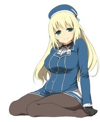  atago_(kancolle) black_gloves black_pantyhose blonde_hair blue_hat blush breasts commentary female gloves green_eyes hat highres kantai_collection large_breasts long_hair looking_at_viewer military military_uniform morino_harifu pantyhose simple_background sitting smile solo uniform wariza white_background 