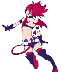  back bat_wings belt boots bracelet choker commentary_request demon_girl demon_tail disgaea earrings etna_(disgaea) female gloves highres jewelry knee_boots looking_at_viewer looking_back osome_tei prinny red_eyes red_hair red_wings short_shorts shorts skull_earrings tail wings 