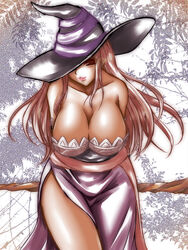  arms_behind_back bare_shoulders breasts cleavage commentary_request dragon&#039;s_crown female hat hat_over_one_eye large_breasts long_hair one_eye_covered photoshop_(medium) red_eyes red_hair sash solo sorceress_(dragon&#039;s_crown) staff suzuki_sakura witch_hat 