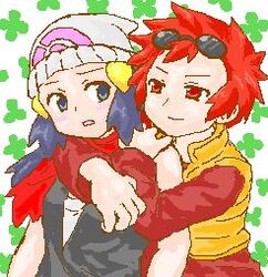  2girls blue_hair dawn_(pokemon) long_hair lowres multiple_girls nintendo nozomi_(pokemon) pokemon pokemon_(anime) red_hair short_hair yuri 