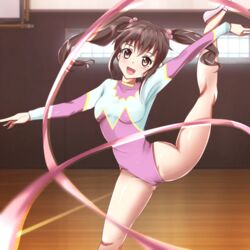  artist_request blush brown_eyes brown_hair cameltoe female gym gymnastics highres leg_lift leotard looking_at_viewer open_mouth photokano pixiv_manga_sample resized ribbon sakura_mai_(photokano) solo tranquilizer_(bestcenter) twintails 