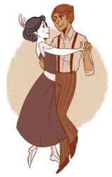  1boy black_hair brown_hair couple dancing dress female food food_themed_clothes hand_holding mole oreo peanut_butter personification smile suspenders white_skin 