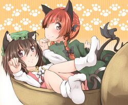  2girls animal_ears bad_id bad_pixiv_id brown_eyes cat_ears chen ear_piercing hat kaenbyou_rin looking_back mob_cap multiple_girls multiple_tails nabe neko_nabe paw_pose piercing red_hair shuga_(soranote) tail touhou twintails two_tails 