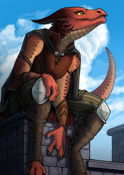  anthro armor castle claws cloak clothed clothing cloud crenelations detailed_background dungeons_and_dragons hasbro kobold maggock on_battlements outside reptile scalie smile solo topwear vambrace vest wizards_of_the_coast yellow_eyes 