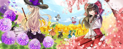  &gt;_&lt; 6+girls anger_vein antennae apron ascot beamed_eighth_notes bird_wings black_dress black_eyes black_footwear black_hair black_skirt black_vest black_wings blonde_hair blue_dress blue_hair blue_sky bow broom camera cape cherry_blossoms chilia012 cirno closed_eyes cloud commentary_request daiyousei day detached_sleeves dress eighth_note faceless fairy_wings feline flower flying frilled_apron frilled_bow frilled_hat frilled_shirt_collar frilled_sleeves frills from_side garden_of_the_sun grass green_hair hair_tubes hairbow hakurei_reimu hand_in_own_hair hands_on_own_hips hat hat_bow highres holding holding_broom holding_umbrella hydrangea ice ice_wings kazami_yuuka kirisame_marisa kneeling knees_together_feet_apart light_particles long_hair long_skirt long_sleeves looking_afar looking_at_viewer multiple_girls music musical_note mystia_lorelei no_mouth open_mouth outdoors outstretched_arms parasol petals photoshop_(medium) pink_hair plaid plaid_skirt plaid_vest pleated_skirt purple_bow red_dress red_shirt red_skirt red_vest ribbon-trimmed_sleeves ribbon_trim round_teeth rumia shameimaru_aya shirt shoes side_ponytail singing skirt sky smile solid_circle_eyes sunflower taking_picture team_9_(touhou) teeth tokin_hat tongue touhou tree umbrella very_long_hair vest waist_apron white_shirt wind wings witch_hat wriggle_nightbug yellow_eyes 