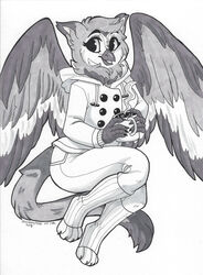  avian beverage bird candy chocolate clothed clothing dessert female food footwear greyscale gryphon hi_res hot_chocolate inktober legwear looking_at_viewer monochrome mythological_avian mythological_creature mythology owl pen_(artwork) simple_background sitting smile socks solo sona_(noxiis) strawberryneko traditional_media_(artwork) white_background 