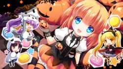  4girls :d animal_costume blunt_bangs chibi commentary_request girlfriend_(kari) halloween highres himejima_kinoko jack-o&#039;-lantern looking_at_viewer multiple_girls nanami_shiki open_mouth ponytail pumpkin purple_hair s_nyaau short_hair smile tareme tokitani_koruri yuuki_nae 