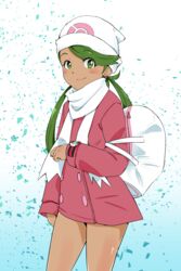  arm_at_side bag beanie blue_background closed_mouth coat commentary_request cosplay cowboy_shot dark-skinned_female dark_skin dawn_(pokemon) dawn_(pokemon)_(cosplay) duffel_bag female gradient_background green_eyes green_hair hat highres long_hair long_sleeves looking_at_viewer low_twintails mallow_(pokemon) ninchan pink_coat pokemon pokemon_dppt pokemon_platinum pokemon_sm poketch scarf smile solo standing swept_bangs thighs twintails watch white_hat white_scarf winter_clothes winter_coat wristwatch 