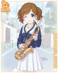  akari_(princess_connect!) akari_(real)_(princess_connect!) alto_saxophone blouse blue_eyes blue_shirt brown_hair card_(medium) character_name collarbone cowboy_shot cygames female holding holding_instrument holding_saxophone instrument light_blush long_sleeves looking_at_viewer medium_hair official_art one_eye_closed outdoors princess_connect! saxophone school_uniform shirt short_twintails skirt solo tongue tongue_out twintails white_skirt 