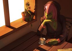  alisa_(razalor) bad_id bad_link borrowed_character breasts cleavage colored_skin cup female green_eyes green_skin highres hood hoodie john_doe_(jdart) long_hair medium_breasts original pink_hair plant potted_plant solo tea teacup 