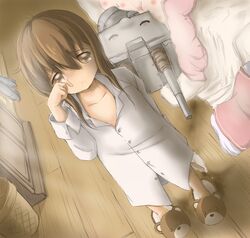  bedwetting blush brown_eyes brown_hair commentary_request female frown futon holding holding_clothes holding_panties holding_underwear inazuma_(kancolle) kantai_collection long_hair looking_at_viewer oversized_clothes panties rensouhou-chan shirt slippers tears tsurupeta_(pikapika45) underwear wiping_tears wooden_floor 