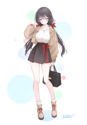  :o absurdres adversarial_noise alternate_costume azur_lane bag black_bag black_hair black_skirt blue_eyes blush boots bow breasts brown_boots brown_jacket casual collarbone commentary_request cropped_jacket female full_body glasgow_(azur_lane) hairbow hand_up handbag highres holding holding_bag jacket large_breasts legs livetarica long_hair looking_at_viewer low_twintails open_clothes open_jacket parted_lips polka_dot polka_dot_background red_bow red_ribbon ribbon shirt signature skirt socks solo standing thighs twintails waist_ribbon white_background white_shirt white_socks 