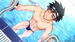  1boy abs avan_geiserford black_hair blue_eyes climbing_ladder collaboration feet_out_of_frame goggles goggles_on_head highres jock_studio_(blits_games) looking_at_viewer male_focus male_swimwear mikkoukun nipples non-web_source official_art one_eye_closed parted_lips pool pool_ladder short_hair solo teeth variant_set water zamius 