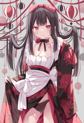  apron ass_visible_through_thighs black_hair black_panties blunt_bangs blush bow branch breasts choker cleavage clothes_lift collarbone colored_inner_hair dress dress_lift female floral_print grey_background grey_hair groin hair_ornament hairbow hand_on_own_cheek hand_on_own_face hoshino_koucha japanese_clothes kimono kimono_lift lantern light_blush long_hair maid medium_breasts midriff_peek multicolored_hair obi original panties paper_lantern red_eyes ribbon sash smile solo thighs two-tone_hair underwear wa_maid waist_apron wide_sleeves 