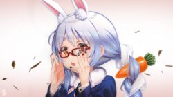  :o alternate_costume animal_ear_fluff animal_ears brown_eyes carrot don-chan_(usada_pekora) female food-themed_hair_ornament glasses hair_ornament highres hololive long_hair looking_at_viewer nail_polish open_mouth rabbit_ears ressanpanda solo twintails usada_pekora virtual_youtuber 