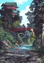  architecture artist_name barefoot blue_sky bridge brown_hair clockbirds day dragon east_asian_architecture english_commentary female full_body grass haku_(sen_to_chihiro_no_kamikakushi) highres medium_hair moss ogino_chihiro open_mouth outdoors photoshop_(medium) red_shorts reflection reflective_water scenery sen_to_chihiro_no_kamikakushi shirt short_sleeves shorts sky standing tree water white_shirt 