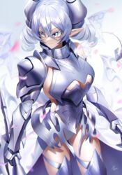  armor breasts cleavage demon_horns demon_wings drill_hair duel_monster female gauntlets green_eyes grey_hair highres horns lady_labrynth_of_the_silver_castle large_breasts lovely_labrynth_of_the_silver_castle masin0201 panties pointy_ears showgirl_skirt solo twintails underwear wings yu-gi-oh! 