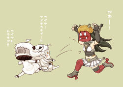  0_0 3girls abyssal_ship ahoge anklet armpits barefoot beans black_gloves black_hair blush bracelet chasing collar colored_skin commentary_request covered_mouth dress elbow_gloves fingerless_gloves full_body gloves green_background hands_up headgear hinata_yuu horns jewelry kantai_collection long_hair mamemaki mask masu miniskirt mittens multiple_girls nagato_(kancolle) northern_little_sister northern_ocean_princess nose_blush oni_mask orange_eyes pale_skin photoshop_(medium) pleated_skirt red_legwear rudder_footwear running setsubun shaded_face sidelocks single_horn skirt sleeveless sleeveless_dress soybean sweat thighhighs throwing translated tug white_dress white_hair white_skin zettai_ryouiki 