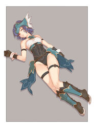  armband black_footwear black_gloves blue_hair boots border branch_(blackrabbits) closed_eyes covered_nipples female gloves green_headwear grey_background leotard partially_visible_vulva seiken_densetsu seiken_densetsu_3 short_hair simple_background sleeping solo strapless strapless_leotard thigh_strap thighs white_border 