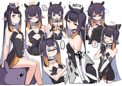  ... ? a:n_(angrynum) animal_on_head black_gloves black_halo blunt_bangs blush bubble_tea closed_eyes commentary covered_navel cropped_legs crossed_arms dark_halo ear_blush facial_hair female flat_chest gloves gradient_hair halo headpiece highres hololive hololive_english long_hair looking_at_viewer microphone microphone_stand mole mole_under_eye moustache multicolored_hair multiple_views music musical_note ninomae_ina&#039;nis ninomae_ina&#039;nis_(1st_costume) on_head orange_hair pen pointy_ears purple_eyes purple_hair sidelocks simple_background singing sitting_on_animal smile spoken_blush spoken_ellipsis spoken_musical_note takodachi_(ninomae_ina&#039;nis) tentacle_hair very_long_hair virtual_youtuber white_background 