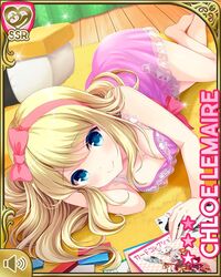  barefoot blonde_hair bow breasts card character_name chloe_lemaire cleavage female girlfriend_(kari) hairband hairbow indoors jenga long_hair lying magazine_(object) nightgown official_art on_floor on_side pink_nightgown playing_card qp:flapper ribbon smile solo 