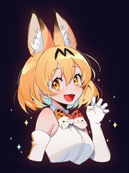  :d animal_ear_fluff animal_ears blonde_hair bow bowtie claw_pose commentary extra_ears female gloves highres kemono_friends open_mouth orange_bow orange_bowtie print_bow print_bowtie print_gloves seoji serval_(kemono_friends) serval_print shirt short_hair sleeveless sleeveless_shirt smile solo traditional_bowtie two-tone_bowtie upper_body white_bow white_bowtie yellow_eyes 