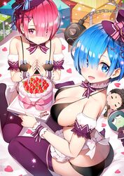  2girls ass ayamy ball_and_chain_(weapon) bare_shoulders black_bra black_panties blue_eyes blue_hair bow bowtie box bra breasts cake candle character_doll cherry choker cleavage commentary detached_sleeves eyes_visible_through_hair flower_knot food fruit gift gift_box hair_ornament hair_over_one_eye hairclip happy_birthday hat heart highres large_breasts looking_at_viewer multiple_girls natsuki_subaru open_mouth panties parted_lips petelgeuse_romaneeconti pink_eyes pink_hair purple_headwear purple_legwear ram_(re:zero) re:zero_kara_hajimeru_isekai_seikatsu rem_(re:zero) revision short_hair short_sleeves siblings sisters sitting smile spiked_ball_and_chain star_(symbol) steepled_fingers thighhighs top_hat twins underwear underwear_only wariza weapon wrist_cuffs x_hair_ornament 