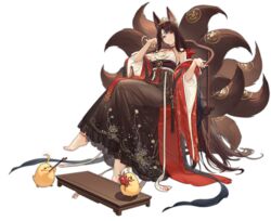  absurdly_long_hair akagi_(azur_lane) akagi_(dawn_phoenix&#039;s_summons)_(azur_lane) animal_ears azur_lane bare_shoulders breasts brown_dress brown_hair chinese_clothes cleavage crossed_legs dress female flower full_body hanfu highres kitsune kurumi_(recycllamo) kyuubi long_hair manjuu_(azur_lane) medium_breasts multiple_tails nail_polish official_alternate_costume official_art open_clothes orange_eyes red_flower red_nails see-through see-through_dress sitting solo tail tail_ornament transparent_background very_long_hair wide_sleeves 