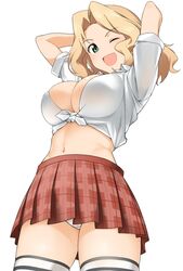  arms_behind_head arms_up blonde_hair blush breasts cleavage cropped_shirt female girls_und_panzer green_eyes hair_intakes hatakenaka_(kamagabuchi) highres kay_(girls_und_panzer) large_breasts long_hair looking_at_viewer midriff navel one_eye_closed open_mouth panties parted_bangs plaid plaid_skirt pleated_skirt red_skirt shirt simple_background skirt smile solo thighhighs thighs tied_shirt underwear upskirt white_background white_panties white_shirt white_thighhighs 